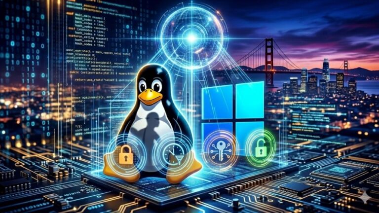 💻 Fim Do Anonimato No LINUX E No Windows Em 2027? Ilustração digital futurista mostrando o pinguim mascote do Linux e o logotipo do Windows lado a lado sobre uma placa de circuito iluminada. Ao redor deles, flutuam ícones holográficos de cadeados e painéis com linhas de código de programação, simbolizando bloqueio e segurança cibernética. Ao fundo, a paisagem noturna de uma cidade com uma ponte suspensa, remetendo ao estado da Califórnia. A imagem não contém textos.