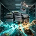 Pilha de cartuchos de videogame retrô em um corredor escuro de servidores. A base dos cartuchos está se desintegrando e se transformando em códigos digitais luminosos na cor azul, enquanto uma mão sombria e translúcida tenta alcançá-los por cima, simbolizando a perda de dados e o risco à preservação digital da história dos games.