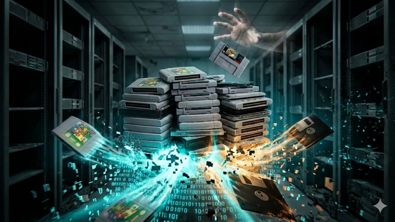 Pilha de cartuchos de videogame retrô em um corredor escuro de servidores. A base dos cartuchos está se desintegrando e se transformando em códigos digitais luminosos na cor azul, enquanto uma mão sombria e translúcida tenta alcançá-los por cima, simbolizando a perda de dados e o risco à preservação digital da história dos games.