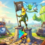 Ilustração digital vibrante mostrando o personagem Peely (Banana) do jogo Fortnite, vestindo um terno verde, de pé e vitorioso sobre o logotipo quebrado da Google Play Store, de onde saem moedas de ouro. Ele segura uma bandeira da Epic Games mostrando um robô Android quebrando correntes. Ao fundo, há um mascote gigante do Android sorrindo, Ônibus de Batalha (Battle Bus) e um cenário ensolarado, simbolizando o fim do monopólio.