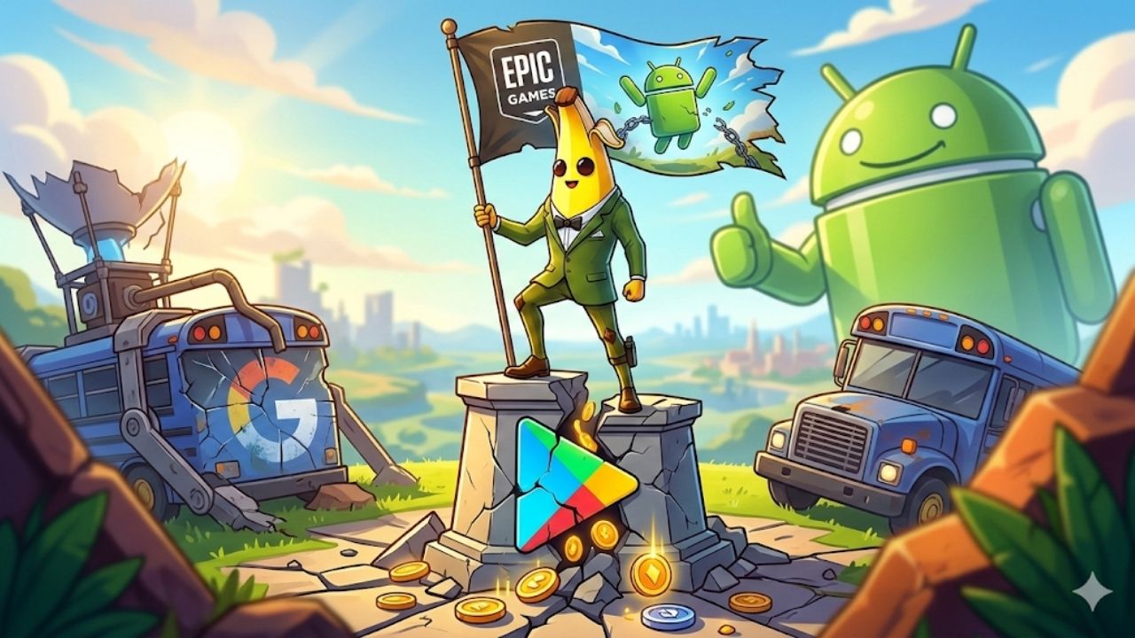 Ilustração digital vibrante mostrando o personagem Peely (Banana) do jogo Fortnite, vestindo um terno verde, de pé e vitorioso sobre o logotipo quebrado da Google Play Store, de onde saem moedas de ouro. Ele segura uma bandeira da Epic Games mostrando um robô Android quebrando correntes. Ao fundo, há um mascote gigante do Android sorrindo, Ônibus de Batalha (Battle Bus) e um cenário ensolarado, simbolizando o fim do monopólio.