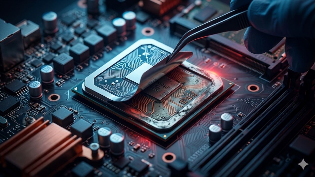 Uma fotografia detalhada em close-up de uma mão em uma luva técnica azul usando pinças para descascar o rótulo de um chip de processador de computador em uma placa-mãe complexa. A remoção do rótulo revela um núcleo de chip mais antigo e desgastado por baixo de uma camada superior moderna e polida, com iluminação dramática azul e vermelha destacando a revelação.