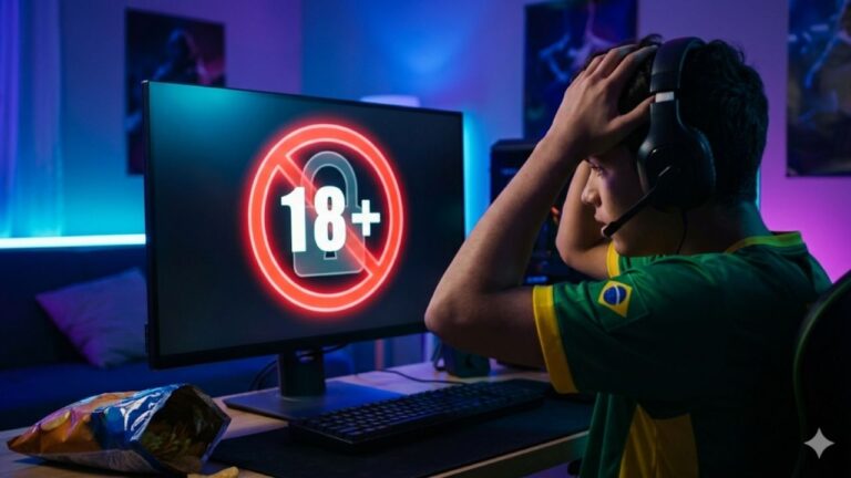 ⚠️ Quais Jogos Já Foram Afetados Pela Lei Felca? Uma fotografia cinematográfica em plano médio de um jovem gamer brasileiro frustrado, usando um headset verde e uma camisa de esporte verde e amarela, sentado em um quarto mal iluminado com luzes de fundo ciano e roxo. Ele está com as mãos na cabeça e olhando para baixo em sinal de decepção para o monitor do computador, que exibe um grande e brilhante símbolo vermelho de restrição '18+' com um cadeado branco sobre um fundo escuro, simbolizando um bloqueio de acesso por idade em um jogo.