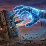 Uma ilustração conceitual dramática mostrando uma mão robótica holográfica de inteligência artificial, que emana de um servidor de data center azul brilhante no lado direito, extraindo memórias (RAM e SSDs) de um computador desktop que está quebrando e rachando no lado esquerdo. O PC quebrado está em um terreno árido e rachado ao pôr do sol, com componentes de computador espalhados. Uma etiqueta de preço vazia está pendurada no PC quebrado. A imagem não contém texto.