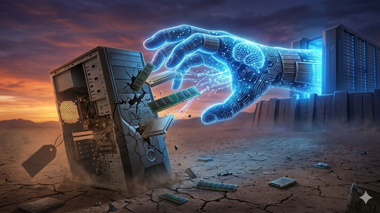 Uma ilustração conceitual dramática mostrando uma mão robótica holográfica de inteligência artificial, que emana de um servidor de data center azul brilhante no lado direito, extraindo memórias (RAM e SSDs) de um computador desktop que está quebrando e rachando no lado esquerdo. O PC quebrado está em um terreno árido e rachado ao pôr do sol, com componentes de computador espalhados. Uma etiqueta de preço vazia está pendurada no PC quebrado. A imagem não contém texto.
