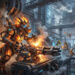 Imagem cinematográfica de criaturas Pickmon dentro de uma fábrica industrial movimentada. Um dinossauro robô central solda uma metralhadora giratória futurista em meio a engrenagens, passarelas e linhas de montagem ativas.