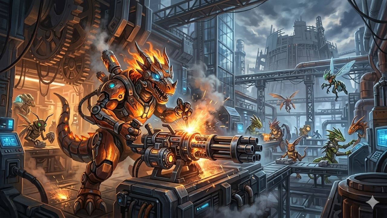 Imagem cinematográfica de criaturas Pickmon dentro de uma fábrica industrial movimentada. Um dinossauro robô central solda uma metralhadora giratória futurista em meio a engrenagens, passarelas e linhas de montagem ativas.