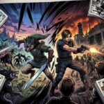 Ilustração dinâmica em estilo mangá mostrando um livro aberto de onde personagens icônicos dos videogames ganham vida e saltam das páginas em meio a muita ação. Do lado esquerdo, Link (franquia The Legend of Zelda) empunha sua espada contra criaturas e lobos sombrios. Do lado direito, Leon Kennedy (franquia Resident Evil) atira contra uma horda de zumbis. Nas bordas da imagem, páginas de quadrinhos flutuantes mostram vislumbres de outros universos em formato mangá, incluindo personagens de Minecraft. A arte não possui textos e simboliza a fusão épica entre o mundo dos games e dos mangás.