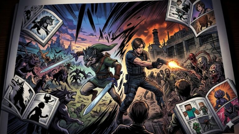 🎮 Games Em MANGÁ: A Grande Aposta Da Panini Em 2026 Ilustração dinâmica em estilo mangá mostrando um livro aberto de onde personagens icônicos dos videogames ganham vida e saltam das páginas em meio a muita ação. Do lado esquerdo, Link (franquia The Legend of Zelda) empunha sua espada contra criaturas e lobos sombrios. Do lado direito, Leon Kennedy (franquia Resident Evil) atira contra uma horda de zumbis. Nas bordas da imagem, páginas de quadrinhos flutuantes mostram vislumbres de outros universos em formato mangá, incluindo personagens de Minecraft. A arte não possui textos e simboliza a fusão épica entre o mundo dos games e dos mangás.