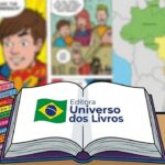 Ilustração digital em estilo cartoon mostrando uma pilha de mangás coloridos à esquerda e, ao centro, um livro aberto destacando o logotipo da Editora Universo dos Livros junto à bandeira do Brasil. O fundo apresenta painéis de quadrinhos desfocados e um mapa do Brasil, simbolizando a chegada dos novos títulos de mangá e Disney ao mercado brasileiro em 2026.