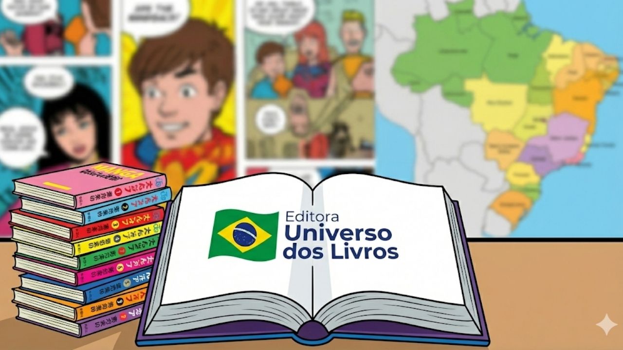 Ilustração digital em estilo cartoon mostrando uma pilha de mangás coloridos à esquerda e, ao centro, um livro aberto destacando o logotipo da Editora Universo dos Livros junto à bandeira do Brasil. O fundo apresenta painéis de quadrinhos desfocados e um mapa do Brasil, simbolizando a chegada dos novos títulos de mangá e Disney ao mercado brasileiro em 2026.