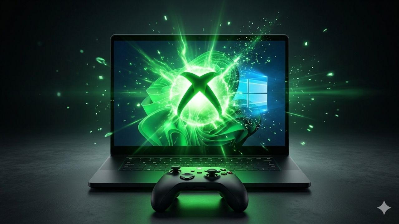 Uma imagem cinematográfica e sombria mostrando um notebook preto moderno centralizado sobre uma superfície reflexiva escura. À frente do notebook, há um controle sem fio do Xbox preto. A tela do notebook exibe uma explosão esférica de energia verde neon brilhante com a logo 'X' do Xbox no centro. O ícone azul do Windows é visível ao fundo da energia verde, que emite partículas brilhantes e ilumina o controle na frente.