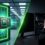 Uma imagem de thumbnail dividida diagonalmente por uma luz verde brilhante. O lado esquerdo mostra um servidor de data center futurista e bem iluminado com uma placa de aceleração de IA brilhante irradiando feixes de luz verde e azul claro. O lado direito mostra um quarto escuro onde um gamer usando um moletom preto está de costas, cobrindo o rosto com as mãos em desespero diante de um setup de PC gamer escuro e apagado. A imagem simboliza a abundância de hardware de IA contra a frustração do gamer por falta de hardware.