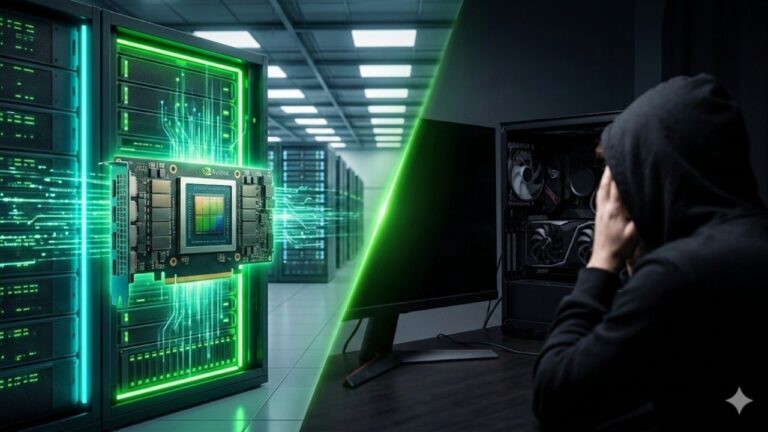💸 CEO da NVIDIA Comemora Escassez Global De Memória Enquanto O Gamer Sofre! Uma imagem de thumbnail dividida diagonalmente por uma luz verde brilhante. O lado esquerdo mostra um servidor de data center futurista e bem iluminado com uma placa de aceleração de IA brilhante irradiando feixes de luz verde e azul claro. O lado direito mostra um quarto escuro onde um gamer usando um moletom preto está de costas, cobrindo o rosto com as mãos em desespero diante de um setup de PC gamer escuro e apagado. A imagem simboliza a abundância de hardware de IA contra a frustração do gamer por falta de hardware.