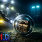 Visão subaquática cinematográfica mostrando o braço robótico articulado de um submarino de exploração iluminando uma esfera de vidro transparente no fundo escuro do oceano. Dentro da esfera, apoiada no sedimento marinho, há um pequeno baú rústico contendo um pergaminho antigo enrolado, ilustrando a cápsula com o segredo de One Piece escondida a 651 metros de profundidade.