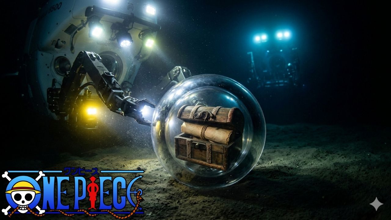 Visão subaquática cinematográfica mostrando o braço robótico articulado de um submarino de exploração iluminando uma esfera de vidro transparente no fundo escuro do oceano. Dentro da esfera, apoiada no sedimento marinho, há um pequeno baú rústico contendo um pergaminho antigo enrolado, ilustrando a cápsula com o segredo de One Piece escondida a 651 metros de profundidade.