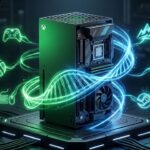Console Xbox preto fundido com componentes internos de um PC gamer, como placa-mãe e cooler. A máquina é envolvida por feixes de luz neon brilhantes nas cores verde e azul que formam uma hélice de DNA. Ao redor da estrutura, flutuam ícones luminosos de um controle de videogame, teclado, mouse e símbolos que remetem a plataformas de jogos. O cenário de fundo é escuro, com cabos e estética cibernética, representando visualmente o conceito híbrido do Project Helix.