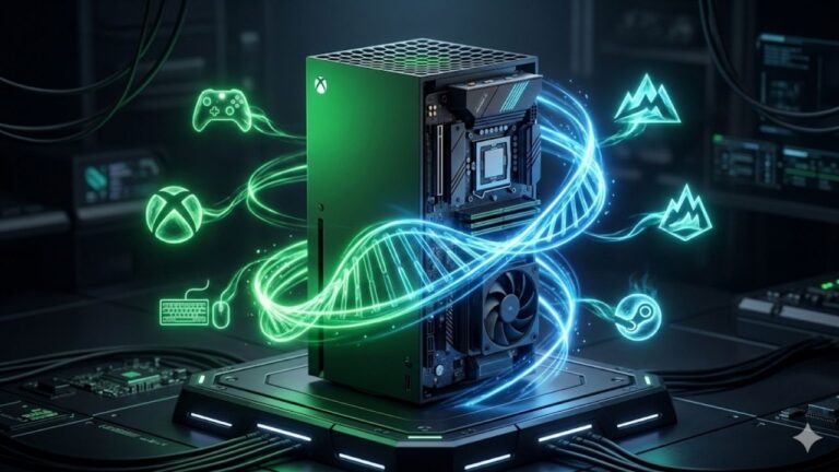 Console Xbox preto fundido com componentes internos de um PC gamer, como placa-mãe e cooler. A máquina é envolvida por feixes de luz neon brilhantes nas cores verde e azul que formam uma hélice de DNA. Ao redor da estrutura, flutuam ícones luminosos de um controle de videogame, teclado, mouse e símbolos que remetem a plataformas de jogos. O cenário de fundo é escuro, com cabos e estética cibernética, representando visualmente o conceito híbrido do Project Helix.