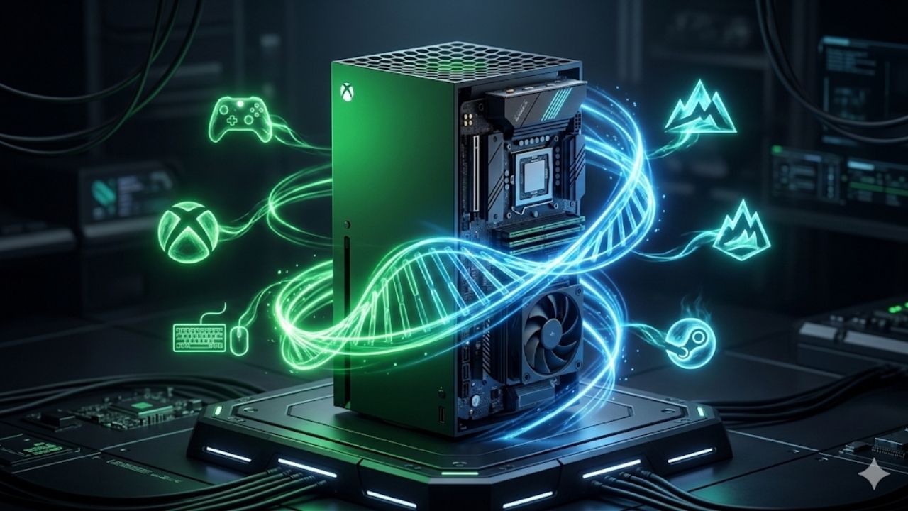 Console Xbox preto fundido com componentes internos de um PC gamer, como placa-mãe e cooler. A máquina é envolvida por feixes de luz neon brilhantes nas cores verde e azul que formam uma hélice de DNA. Ao redor da estrutura, flutuam ícones luminosos de um controle de videogame, teclado, mouse e símbolos que remetem a plataformas de jogos. O cenário de fundo é escuro, com cabos e estética cibernética, representando visualmente o conceito híbrido do Project Helix.