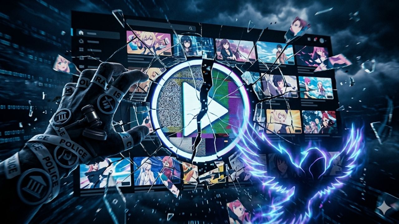 Uma imagem dramática em estilo anime mostrando uma interface de streaming de vídeo fragmentada e cheia de rachaduras. O botão "play" central, um triângulo branco dentro de um círculo azul quebrado, está partido ao meio, simbolizando a interrupção. A interface quebrada exibe miniaturas de diversas cenas de anime dispersas pelas rachaduras. O fundo é escuro, com relâmpagos e chuva digital, transmitindo uma sensação de colapso e caos.