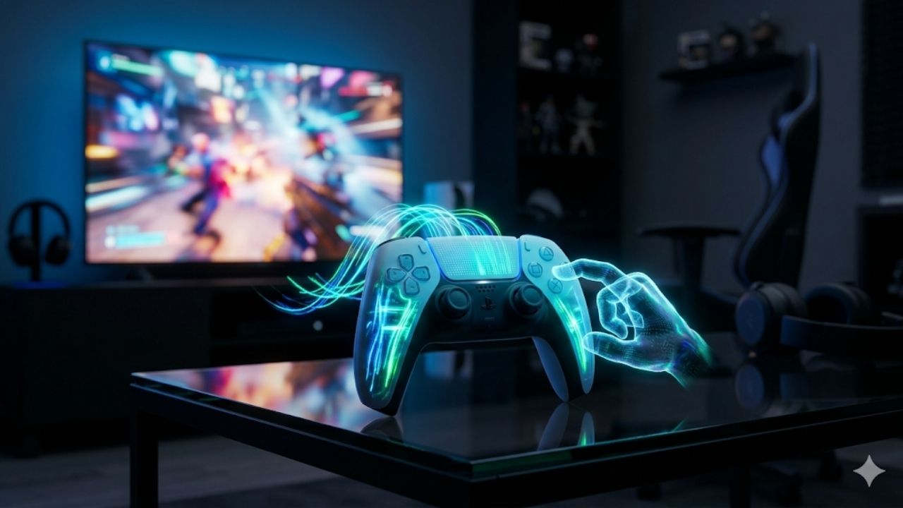Fotografia cinematográfica em close-up de um controle DualSense de PlayStation 5 branco e preto sobre uma mesa de vidro preta refletiva em um quarto de jogos com iluminação ambiente azul e roxa. Do touchpad do controle emanam fluxos de luz neon azul e verde em forma de dados e linhas de energia que formam uma mão holográfica digital e translúcida, com o dedo indicador apontando para os botões de ação. Ao fundo, fora de foco, vê-se uma TV grande exibindo um jogo de ação colorido e dinâmico, uma cadeira de jogo preta vazia e prateleiras com bonecos colecionáveis. A imagem simboliza visualmente o conceito da patente "Soft Pause" da Sony, onde a inteligência artificial assume o controle do jogo.