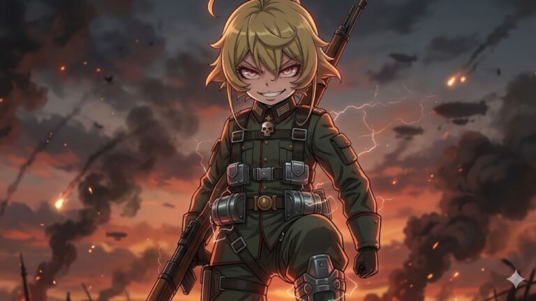 Ilustração em estilo anime de Tanya Degurechaff de "Youjo Senki", com um sorriso maníaco e olhos vermelhos brilhantes, vestindo um uniforme militar detalhado com equipamentos mágicos e segurando um rifle. Ela está em um campo de batalha devastado por guerra com um céu alaranjado dramático cheio de fumaça, explosões, naves voadoras e raios de energia mágica crepitando ao redor dela.