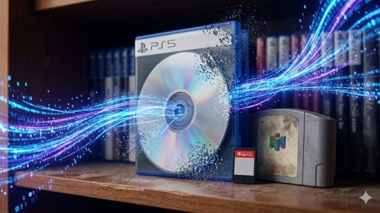 Uma fotografia de estúdio dramática e de alta qualidade em uma prateleira de madeira escura. Um estojo de jogo de PlayStation 5 (PS5) azul aberto e o disco Blu-ray estão se desintegrando e sendo absorvidos por fluxos de dados digitais de fibra ótica azul-claro e rosa, com código binário flutuante, simbolizando a digitalização. À direita, um cartucho de Nintendo Switch e um cartucho de Nintendo 64 desgastado permanecem intactos. No fundo desfocado, há outros estojos de jogos. A imagem representa a transição da mídia física para a digital.