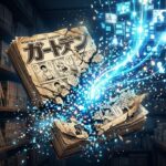 Uma ilustração conceitual dramática em 16:9 ambientada em uma livraria japonesa mal iluminada. No centro, uma antiga revista de mangá física, com o texto "MONTHLY COMIC GARDEN" visível na capa desgastada, está explodindo e se desintegrando. Suas páginas de papel estão se transformando em um fluxo dinâmico e brilhante de pixels azuis e cian, partículas de dados e telas digitais flutuantes que sobem em direção à direita, simbolizando a transição do impresso para o digital. As prateleiras de fundo estão repletas de volumes de mangá, desfocadas pela profundidade de campo. A iluminação é focada no fluxo digital central, criando um contraste alto e impactante.