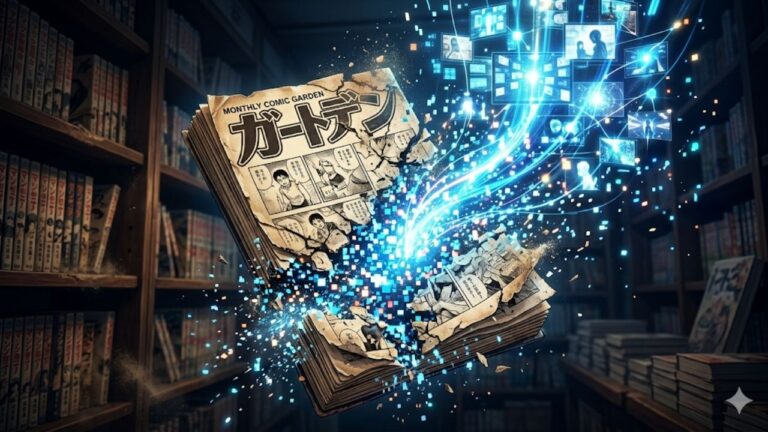 Uma ilustração conceitual dramática em 16:9 ambientada em uma livraria japonesa mal iluminada. No centro, uma antiga revista de mangá física, com o texto "MONTHLY COMIC GARDEN" visível na capa desgastada, está explodindo e se desintegrando. Suas páginas de papel estão se transformando em um fluxo dinâmico e brilhante de pixels azuis e cian, partículas de dados e telas digitais flutuantes que sobem em direção à direita, simbolizando a transição do impresso para o digital. As prateleiras de fundo estão repletas de volumes de mangá, desfocadas pela profundidade de campo. A iluminação é focada no fluxo digital central, criando um contraste alto e impactante.