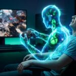 Um jovem gamer sentado sorri enquanto uma figura holográfica verde brilhante, com o logotipo do Xbox em seu corpo, segura um controle e joga um videogame em um monitor ao fundo. O holograma parece estar "jogando para você", ilustrando o conceito da patente de assistência por IA.