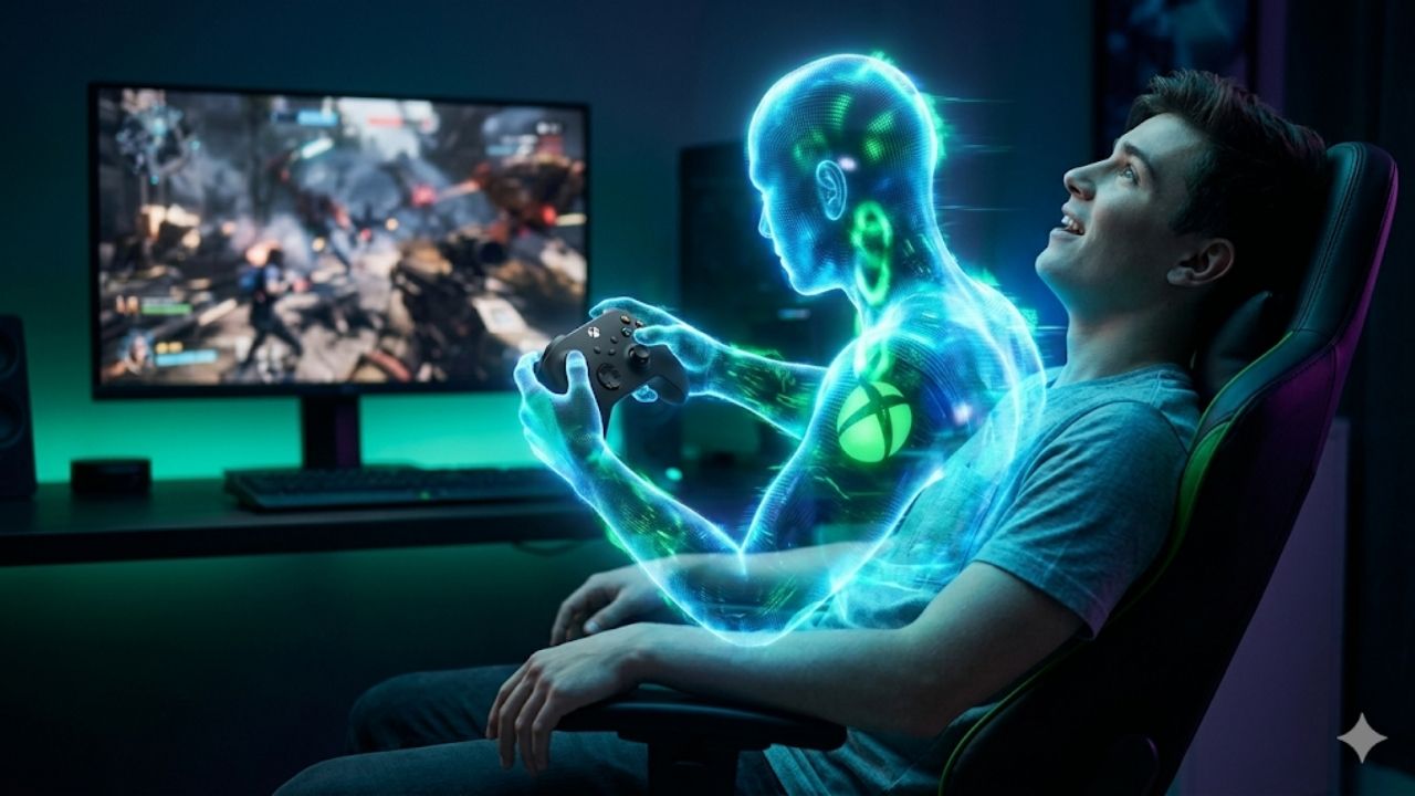 Um jovem gamer sentado sorri enquanto uma figura holográfica verde brilhante, com o logotipo do Xbox em seu corpo, segura um controle e joga um videogame em um monitor ao fundo. O holograma parece estar "jogando para você", ilustrando o conceito da patente de assistência por IA.