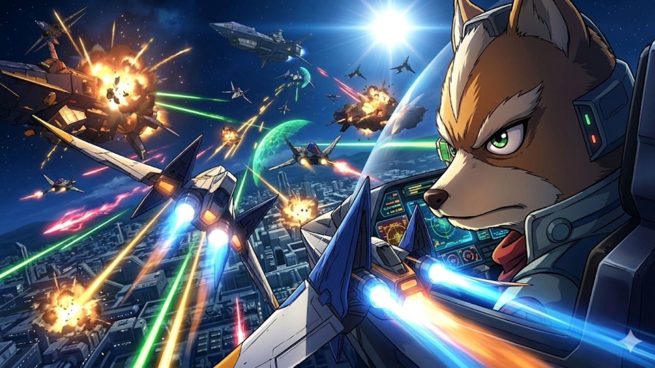 Ilustração em estilo anime de Fox McCloud pilotando sua nave espacial com uma expressão determinada. Ao fundo, uma épica batalha aérea sobre uma metrópole futurista, repleta de naves em combate, explosões e raios laser coloridos cruzando o céu.