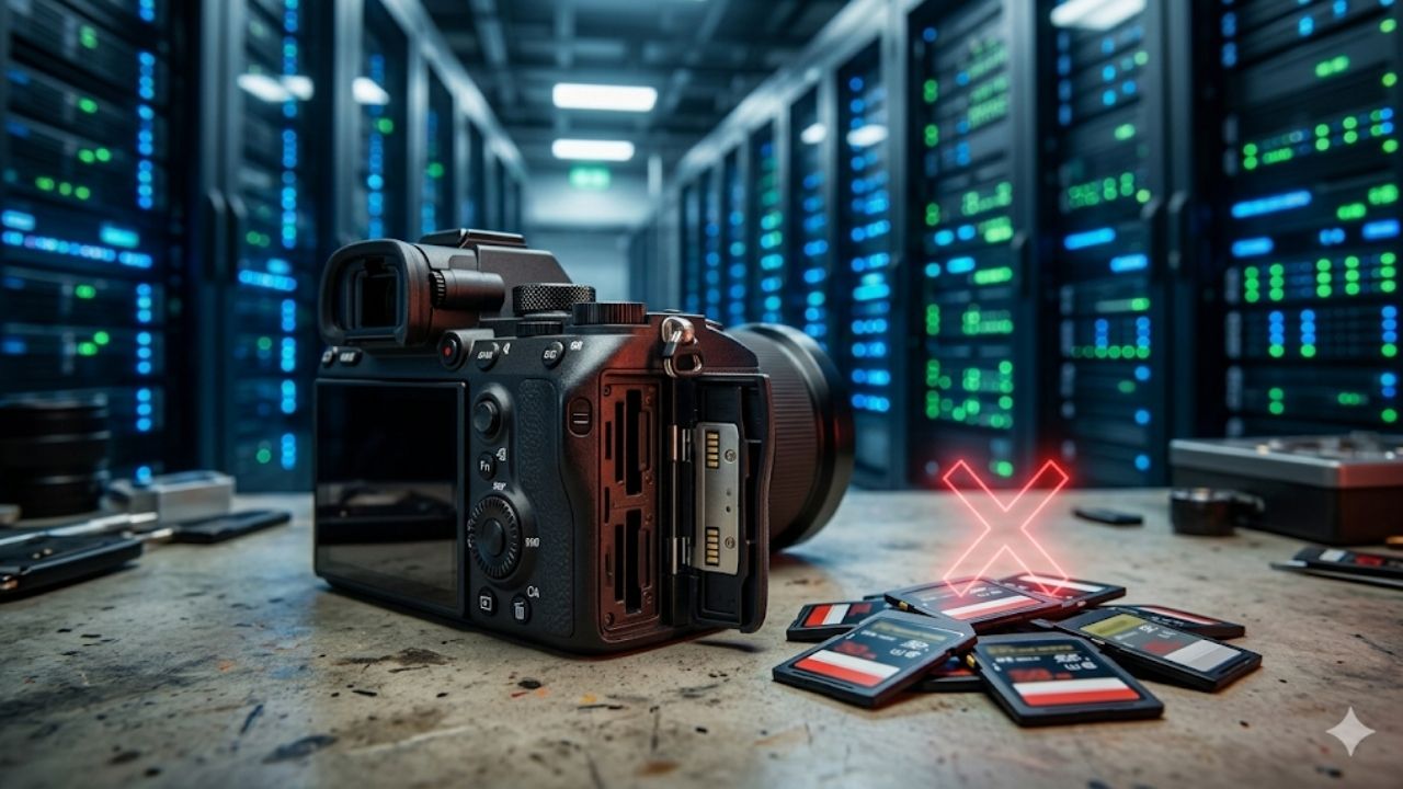 Uma câmera fotográfica profissional preta com o compartimento de memória aberto e vazio sobre uma bancada. À sua frente, diversos cartões de memória estão espalhados e marcados com um "X" vermelho brilhante em neon, simbolizando escassez. Ao fundo, propositalmente desfocados, estão imensos corredores de servidores de data centers iluminados com luzes azuis e verdes, representando o avanço da Inteligência Artificial.