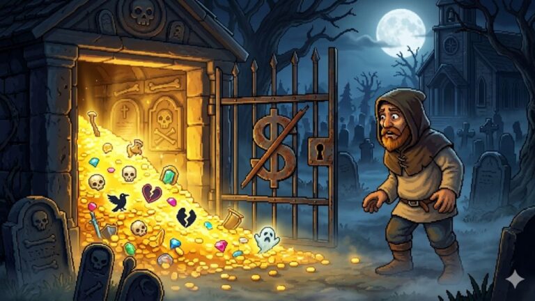 Ilustração em estilo pixel art de um personagem encapuzado em um cemitério sombrio à noite, sob a luz da lua cheia. Ele olha surpreso para uma cripta aberta de onde transborda um tesouro brilhante de moedas de ouro e joias. Um portão de ferro com o símbolo do dólar ($) está à frente da cripta.