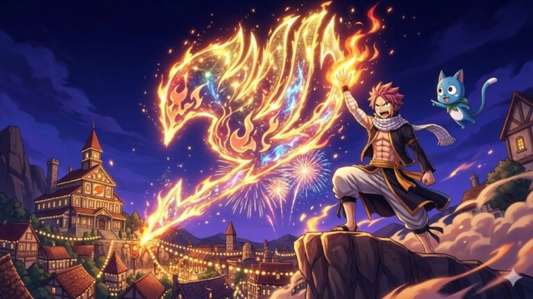 📖 Fairy Tail: Mangá Retorna Em Comemoração Aos Seus 20 Anos! Ilustração em estilo anime destacando Natsu e Happy celebrando o retorno de Fairy Tail. Ao fundo, a cidade iluminada e um gigantesco emblema da guilda formado por chamas mágicas no céu noturno com fogos de artifício, representando a grandiosa comemoração dos 20 anos da franquia.