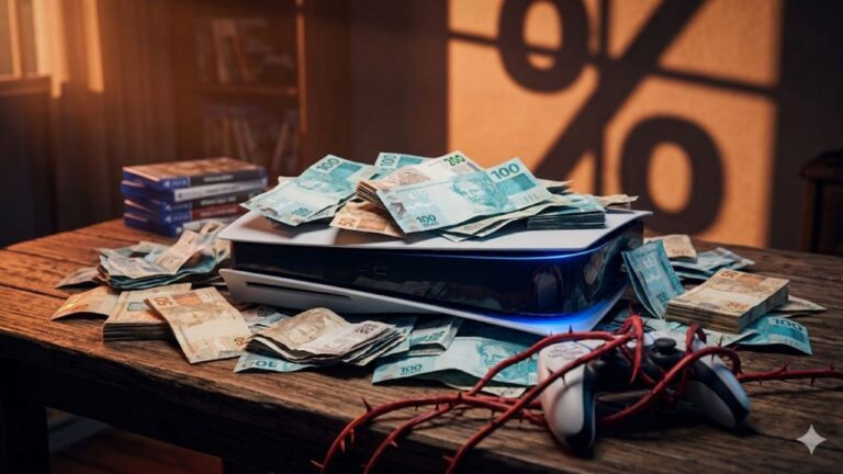 Um console PlayStation 5 deitado sobre uma mesa de madeira, completamente coberto por diversas notas de Real brasileiro. Em primeiro plano, um controle DualSense branco aparece enrolado por cipós vermelhos com espinhos, simbolizando dificuldade e custos dolorosos. Ao fundo, a sombra gigante de um símbolo de porcentagem (%) está projetada na parede, representando as altas taxas e impostos do mercado.