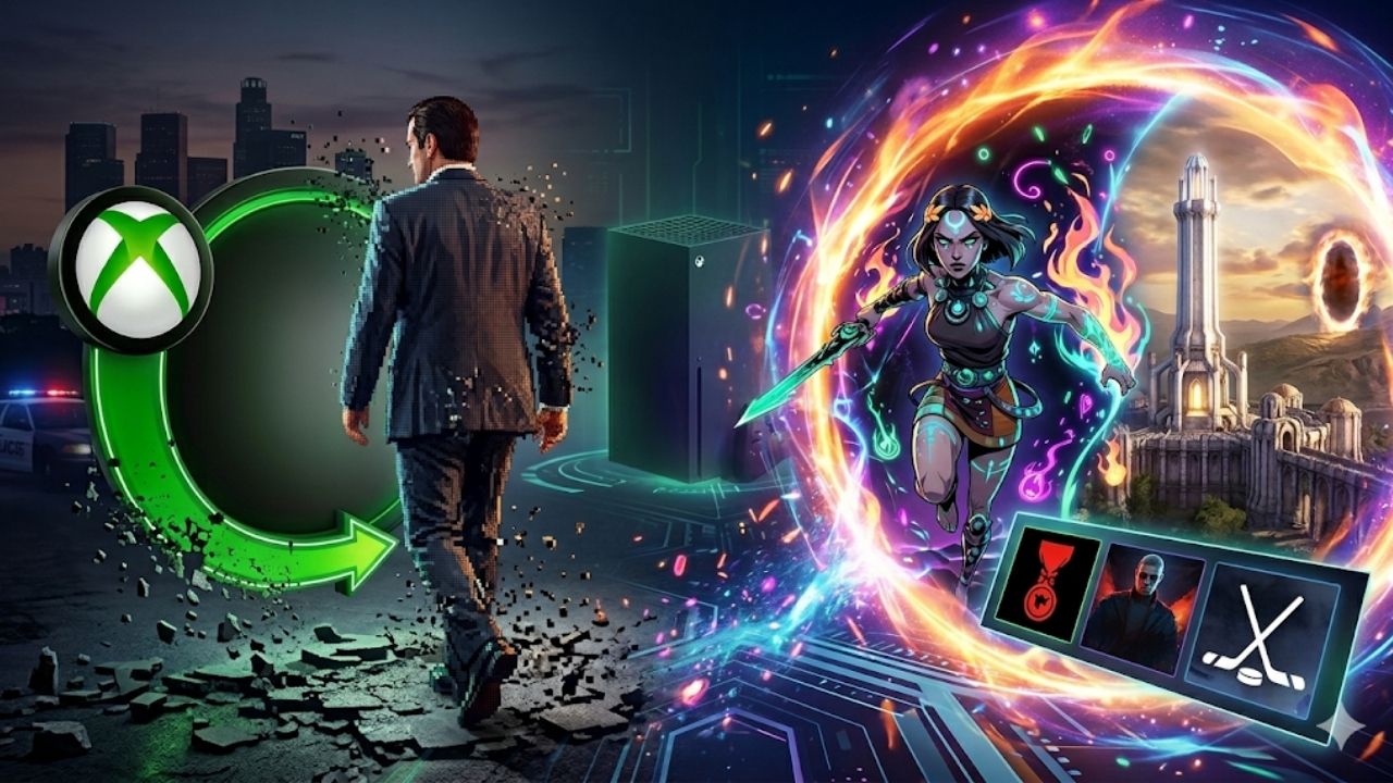 Imagem dividida ao meio ilustrando a transição do catálogo do Xbox. Do lado esquerdo, em um cenário noturno de cidade, um homem de terno caminha de costas e se desfaz em pixels ao lado de um grande logo verde do Xbox, representando a saída de GTA 5. No centro, um console Xbox Series X escuro atua como ponte. Do lado direito, uma guerreira com marcas luminosas e uma espada salta de um portal mágico brilhante e colorido, simbolizando a chegada de Hades 2 e novos jogos.