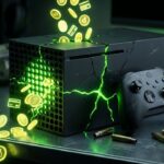 Imagem de um console Xbox Series X preto com rachaduras iluminadas em verde neon, de onde jorram moedas e símbolos de cartão de crédito brilhantes. Um controle de Xbox repousa ao lado, com cápsulas de balas espalhadas sobre a mesa escura, ilustrando graficamente o impacto financeiro, o peso das assinaturas e a relação com jogos de tiro.