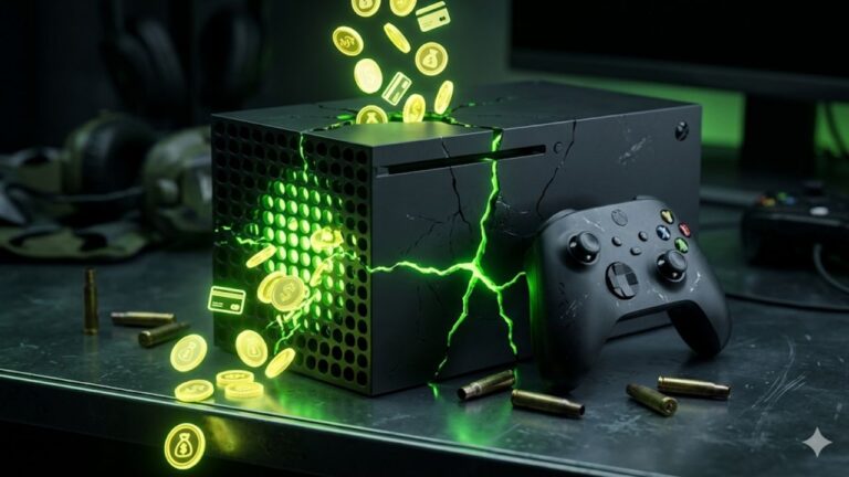 Imagem de um console Xbox Series X preto com rachaduras iluminadas em verde neon, de onde jorram moedas e símbolos de cartão de crédito brilhantes. Um controle de Xbox repousa ao lado, com cápsulas de balas espalhadas sobre a mesa escura, ilustrando graficamente o impacto financeiro, o peso das assinaturas e a relação com jogos de tiro.